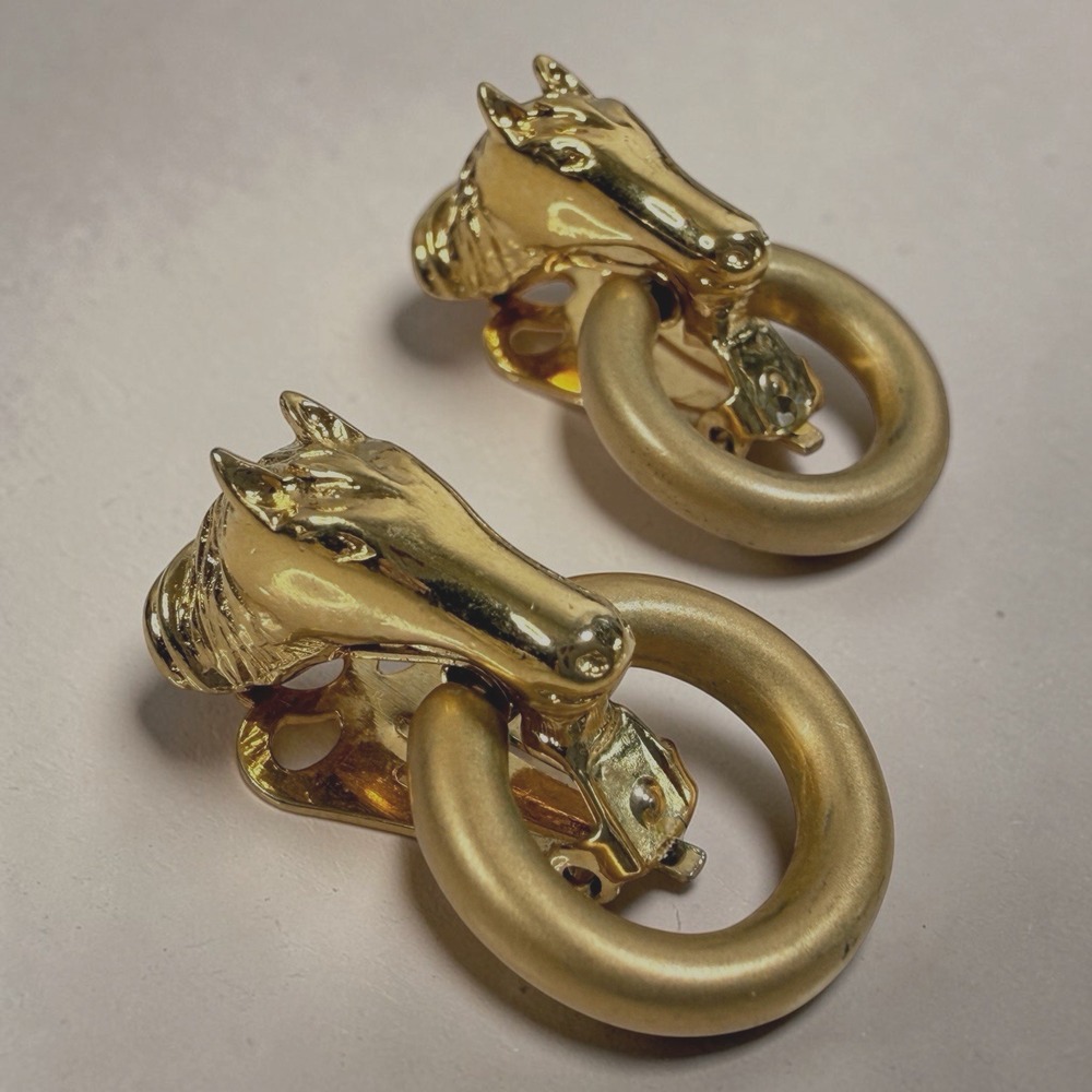 Vintage Horse Earrings Door Knocker Clip On Gold Tone Equestrian 1.25"